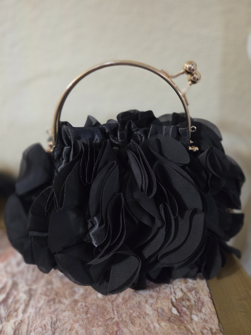 Elegant Black Floral Evening Handbag with Gold Handle
